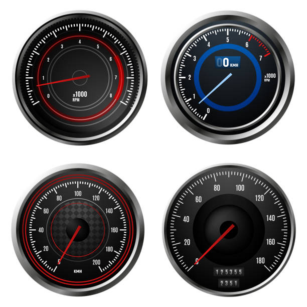 illustrazioni stock, clip art, cartoni animati e icone di tendenza di tachimetro dell'auto, contagiri per cruscotto. dispositivo analogico per la misurazione della velocità. illustrazione vettoriale - miles counter