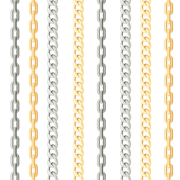 серебряные и золотые цепи бесшовные вертикальные узоры на белом фоне. векторная иллюстрация металлических украшений в мультяшном простом  - necklace chain gold jewelry stock illustrations