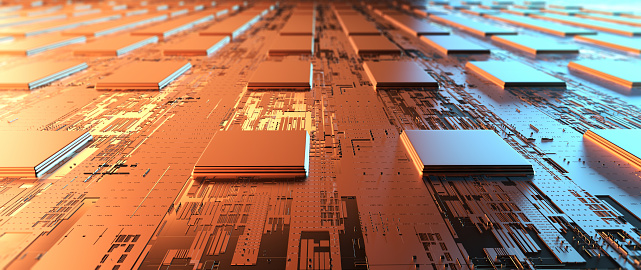 Circuit board futuristic server code processing. Orange, blue technology background with bokeh. 3d rendering