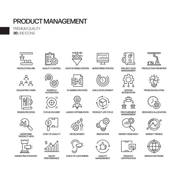 ilustraciones, imágenes clip art, dibujos animados e iconos de stock de conjunto simple de iconos de línea vectorial relacionados con la gestión de productos. colección de símbolos de esquema. - planning organization leadership budget