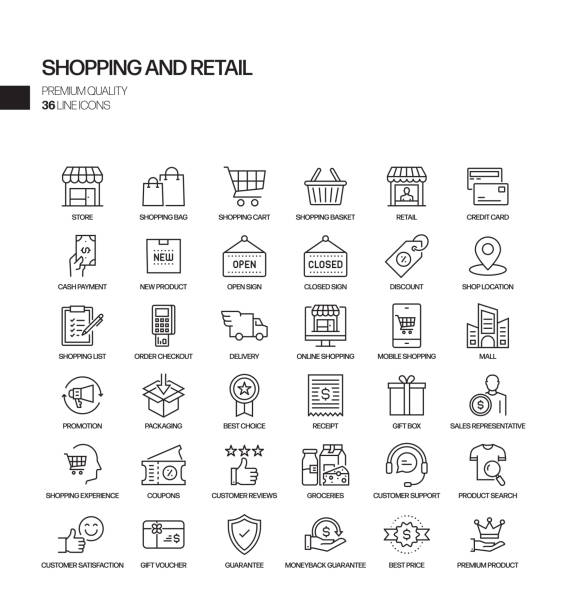 Simple Set of Shopping and Retail Related Vector Line Icons. Outline Symbol Collection. Simple Set of Shopping and Retail Related Vector Line Icons. Outline Symbol Collection. computer icon stock symbol shopping mall stock illustrations