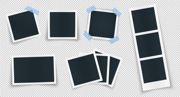 fotorahmen-sammlung mit leerem platz mit blauem aufkleber. gedrehtes fotorahmenkonzept, einzelnes isoliertes vintage-objekt mit klebeband. vektor detaillierte darstellung der kante für bilder und bilder. - grußkarte fotos stock-grafiken, -clipart, -cartoons und -symbole