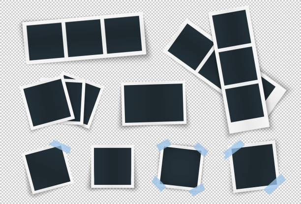 Photo frame collection with blank place with blue sticker. Rotated photo frame concept, single isolated vintage object with adhesive tape. Vector detailed illustration of edge for images and pictures. Photo frame collection with blank place with blue sticker. Rotated photo frame concept, single isolated vintage object with adhesive tape. Vector detailed illustration of edge for images and pictures. human made structure photos stock illustrations