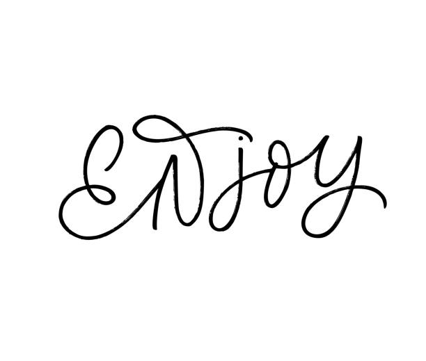 ilustrações de stock, clip art, desenhos animados e ícones de enjoy hand drawn brush pen calligraphy word. vector enjoy script phrase. inspirational lettering isolated on white background. - spirituality smiling black and white line art