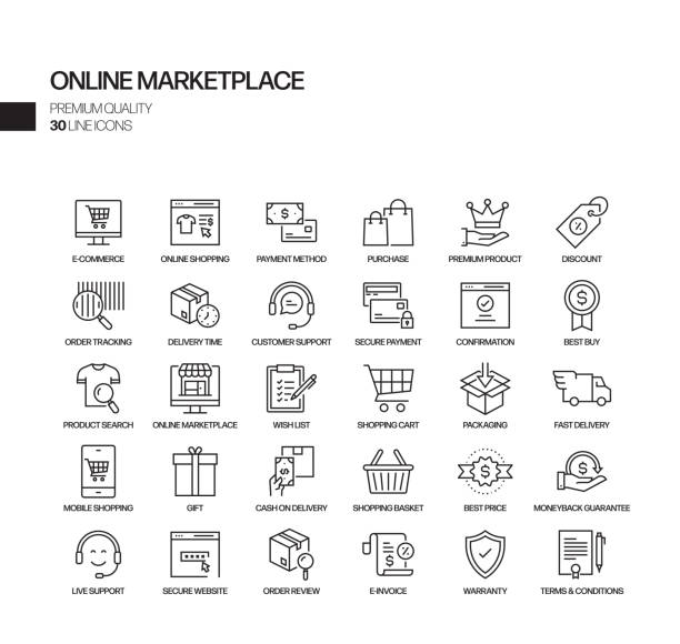 Simple Set of Online Marketplace Related Vector Line Icons. Outline Symbol Collection. Simple Set of Online Marketplace Related Vector Line Icons. Outline Symbol Collection. ordering stock illustrations
