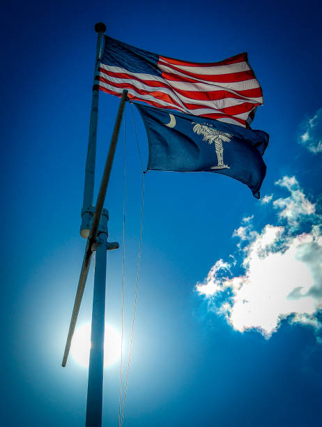 bandiera degli stati uniti che sventola sopra la bandiera dello stato della carolina del sud sventolando al vento in una giornata di sole di fronte al cielo azzurro - day vertical palmetto south carolina foto e immagini stock