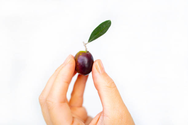woman holding one olive isolated on white background
