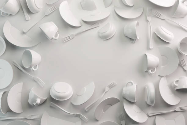 istock White Food background concept for design menu restaurant or cafe. Copy space for your logo. Food flyer. Ceramic Plates and Dishes. White coffee mugs and saucers on a white background. 3d render 1188261542