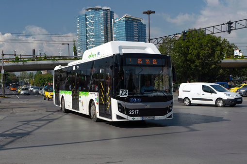 Sofia, Bulgaria - 26 September, 2019: Low-floor bus BMC Procity CNG driving on the street. This bus is powered by CNG stored in a special tanks.