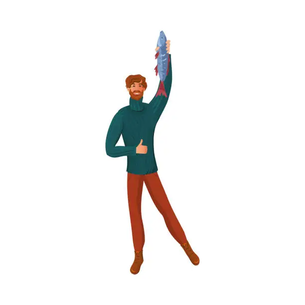 Vector illustration of Happy bearded fisherman in the sweater shows caught fish and showing thumbs up. Vector illustration in flat cartoon style.