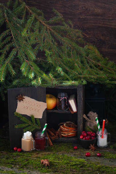 Christmas magic wooden cupboard with holiday drinks and ingredients, postcard concept