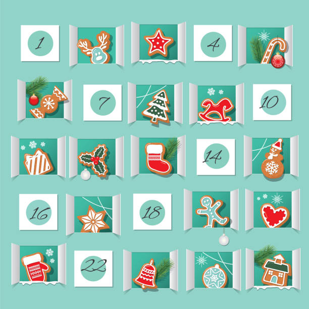 ilustrações de stock, clip art, desenhos animados e ícones de advent calendar, decorated wirh gingerbread cookies. countdown to christmas. vector - advent calendar