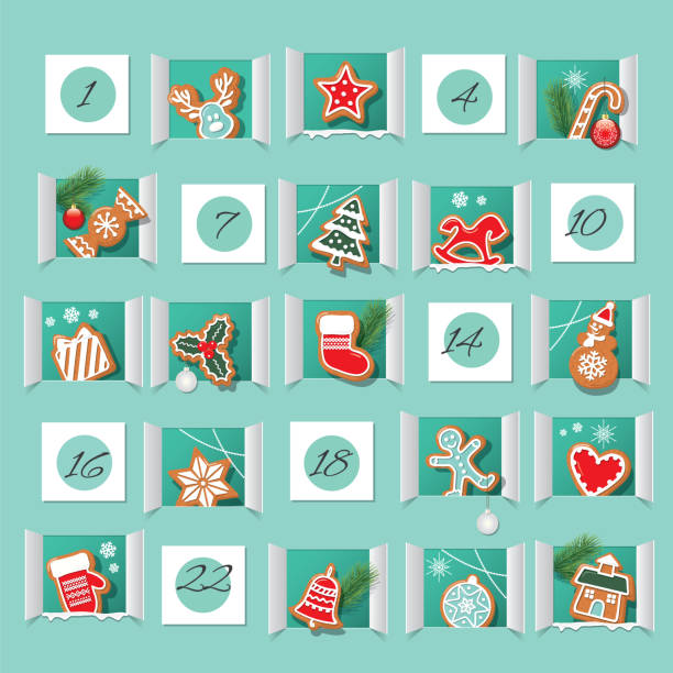 Advent calendar, decorated wirh gingerbread cookies. Countdown to Christmas. Vector Advent calendar, decorated wirh gingerbread cookies. Countdown to Christmas. Vector illustration advent calendar stock illustrations