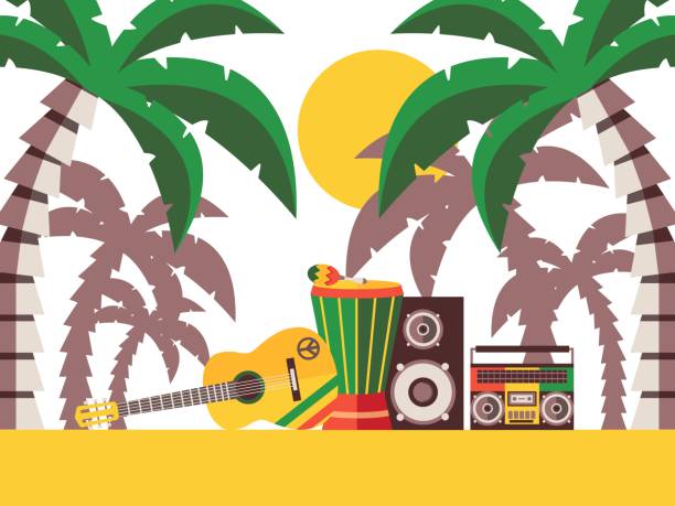 illustrazioni stock, clip art, cartoni animati e icone di tendenza di festa in spiaggia di musica reggae, illustrazione vettoriale. strumenti musicali sulla sabbia sotto le palme. chitarra e percussioni per il festival di musica reggae giamaicano - pacifism