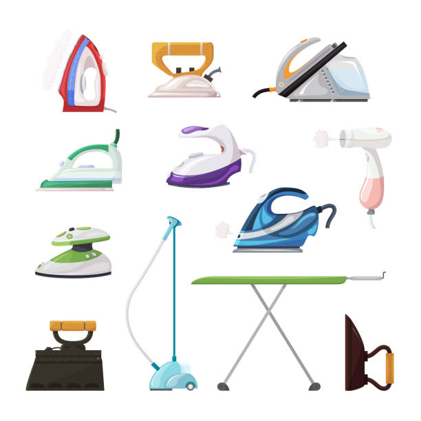 Iron vector ironing electric household appliance steamer of laundry housework illustration irony housekeeping set of hot irony steam equipment isolated on white background Iron vector ironing electric household appliance steamer of laundry housework illustration irony housekeeping set of hot irony steam equipment isolated on white background. iron steam stock illustrations