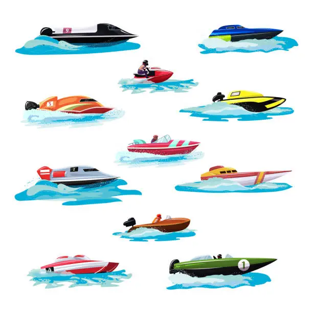 Vector illustration of Boat vector speed motorboat yacht traveling in ocean illustration nautical set of summer vacation on motorized boat speedboat vessel transportation by sea waves isolated on white background