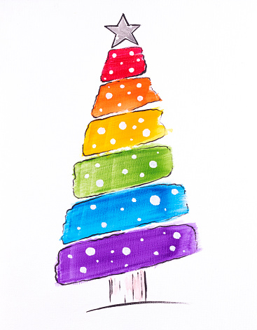 Colorful painting of LGBT rainbow Christmas tree with star on top. Original acrylic painting on canvas.