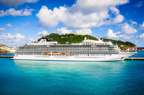 Costa Pacifica cruise ship sailing in the Mediterranean. Gulf of La Spezia in Liguria with the island of Tino.