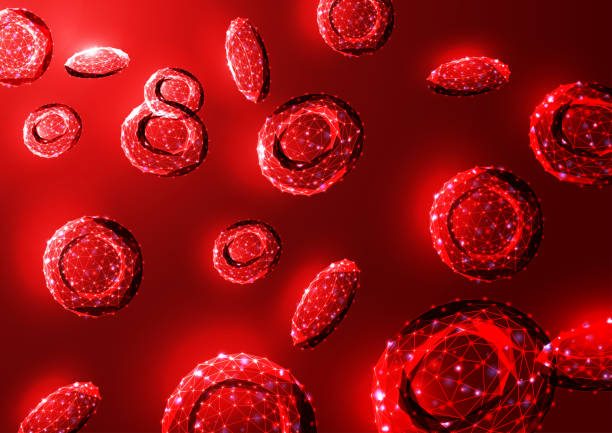 футуристические светящиеся низкие полигональные эритроциты красных кровяных телец кровотока на темно-красном фоне. - blood cell blood red blood cell microscope stock illustrations