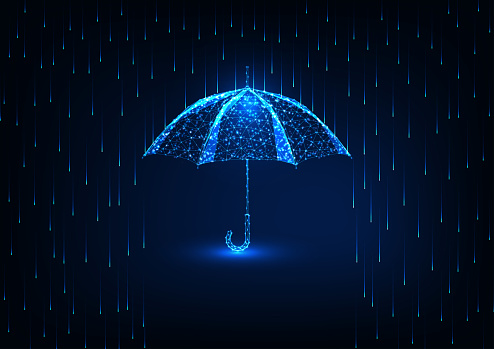 Futuristic protection concept with glowing low polygonal umbrella and rain shower on dark blue background. Modern wire frame mesh design vector illustration.