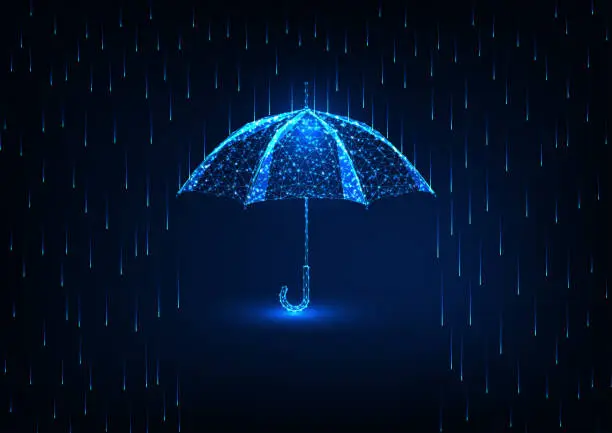 Vector illustration of Futuristic protection concept with glow low poly umbrella and rain shower on dark blue background.