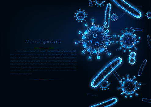 Futuristic immunology web banner template with glowing low polygonal virus and bacteria cells and copy space for text on dark blue background. Microbiology concept. Modern mesh vector illustration.