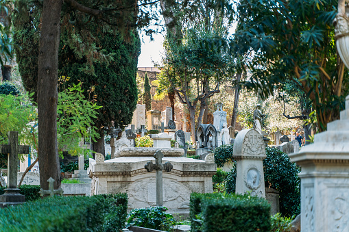 Rome, Italy - October 2019 : Non catholic cemetery for foreigners in Rome, Italy. One of most beautiful and little known places in city.