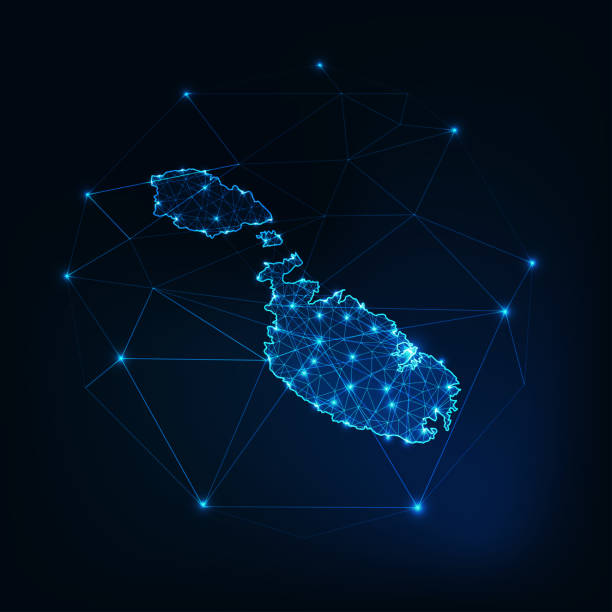 Malta map glowing silhouette outline made of stars lines dots triangles, low polygonal shapes. Malta map glowing silhouette outline made of stars lines dots triangles, low polygonal shapes. Communication, internet technologies concept. Wire frame futuristic design. Vector illustration maltese silhouette stock illustrations