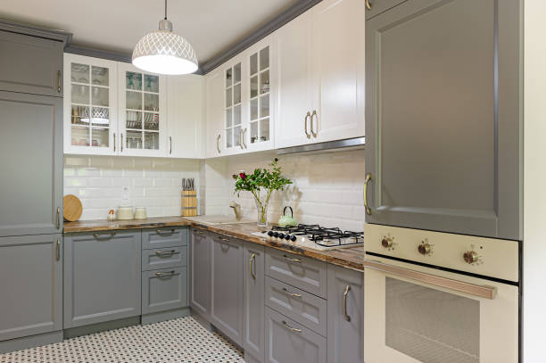 istock modern grey and white wooden kitchen interior 1188281555