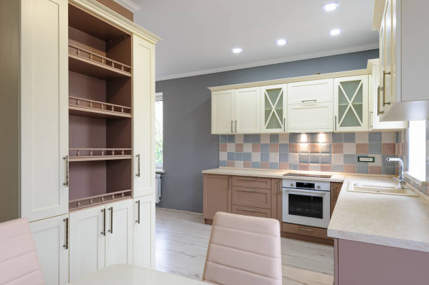 istock Luxury modern provence styled grey, pink and cream kitchen interior 1188282323