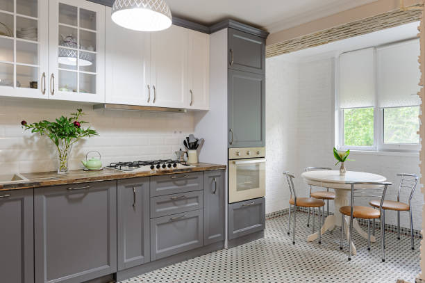 istock modern grey and white wooden kitchen interior 1188282424