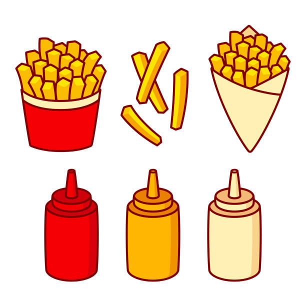 illustrations, cliparts, dessins animés et icônes de ensemble d'illustration de frites de français - mustard bottle sauces condiment