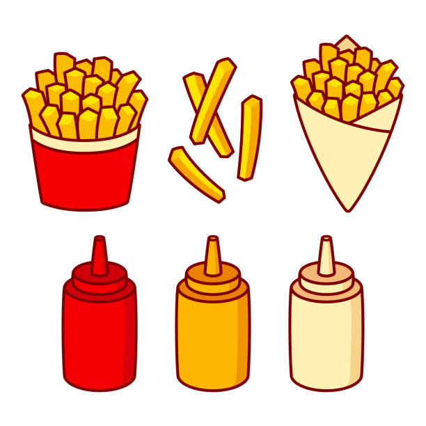 набор иллюстраций для картофеля фри - mustard bottle sauces condiment stock illustrations