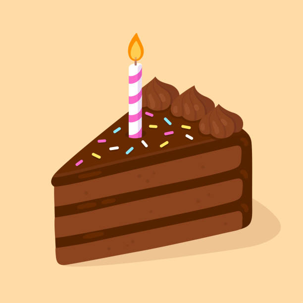 Chocolate cake with candle Slice of chocolate birthday cake with candle. Happy Birthday greeting card design element. Cartoon style vector clip art illustration. chocolate clipart stock illustrations