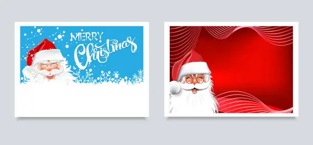 Vector illustration of Christmas cards. Happy Santa Claus on a blue and Santa on a red background. Two templates for design: New Year's pictures, banners, posters