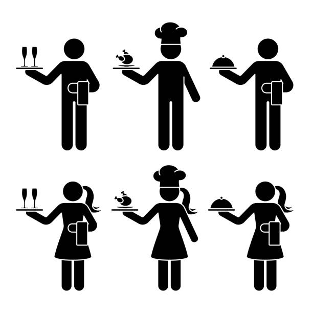 Stick figure waiter, waitress, chief cook man and woman vector icon pictogram set. Standing with champagne glasses, chicken food, tray restaurant service silhouette on white Stick figure waiter, waitress, chief cook man and woman vector icon pictogram set. Standing with champagne glasses, chicken food, tray restaurant service silhouette on white chef silhouettes stock illustrations