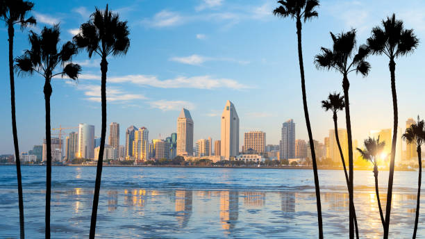 Downtown San Diego skyline in California, USA Downtown San Diego skyline in California, USA at sunset downtown district stock pictures, royalty-free photos & images