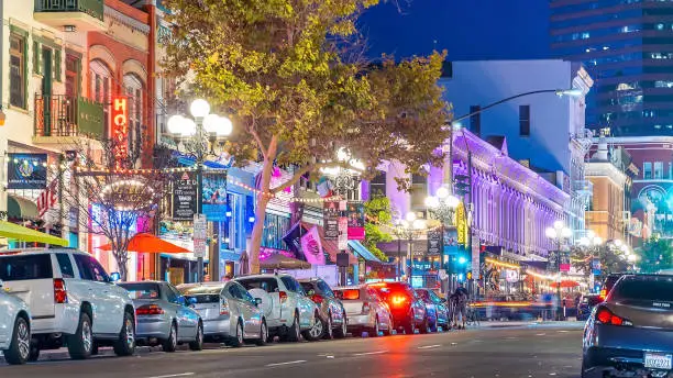 SAN DIEGO, CA, USA  OCTOBER 21, 2019: The Gaslamp Quarter in San Diego, California USA. it extends from Broadway to Harbor Drive, and 4th to 6th Avenue