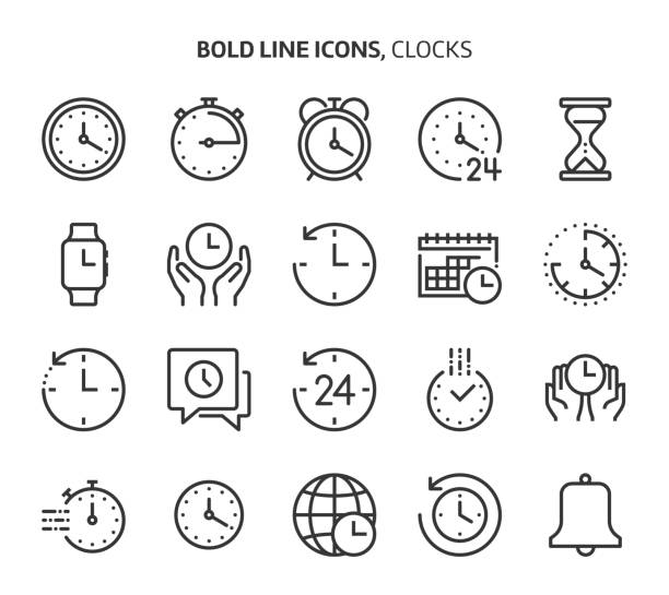 Time related bold line icon set. Time related bold line icon set. The set is about clock, deadline, calendar, business, management, date, 24 hours, achievement, vector, editable stroke, line, outline. time icons stock illustrations