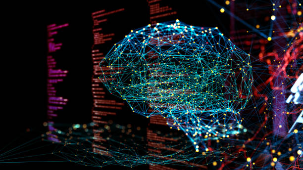 Digital background depicting innovative technologies in (AI) artificial systems, neural interfaces and internet machine learning technologies