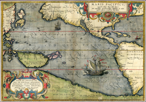 Color image of an old map of the Eastern Hemisphere.