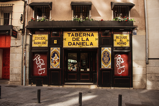 Madrid, Spain - 15 October 2019: The front facade of a tavern in the historical center of Madrid, Spain