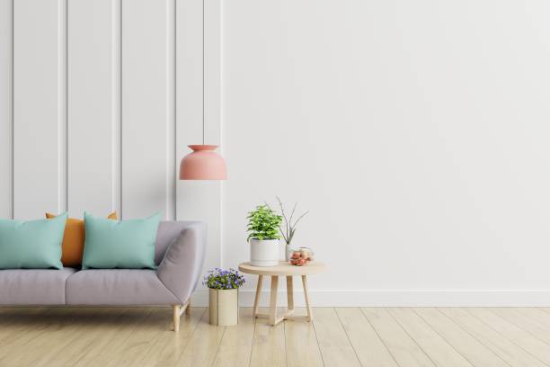 istock Modern interior room with plants and sofa in wooden table. 1188303396
