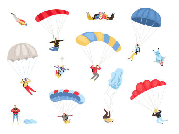 Parachute skydivers set Parachute skydivers. Paraglide and parachute jumping characters on white, paragliders and parachutists vector illustration, skydiver hobby and sport activities skydiving stock illustrations