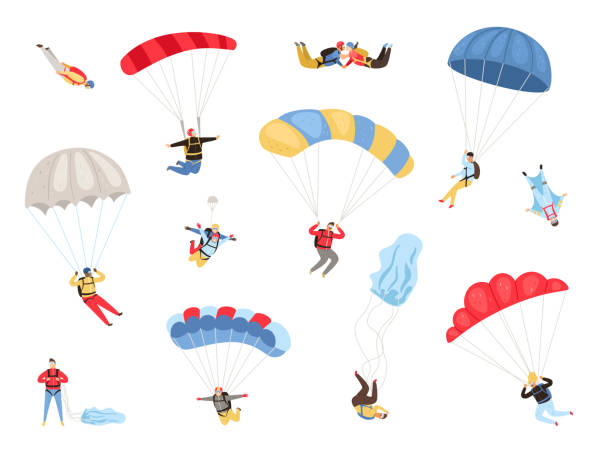 Parachute skydivers set Parachute skydivers. Paraglide and parachute jumping characters on white, paragliders and parachutists vector illustration, skydiver hobby and sport activities paraglider stock illustrations