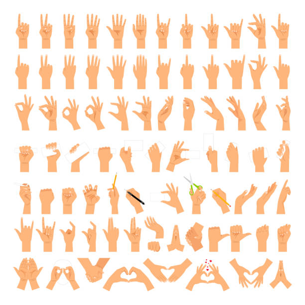 Woman hands and arms expressions Woman hands and arms expressions. Women hand sign big set, ok and love heart, help handshake and press touch, praying and meditation, good and small icon set illustrations stock illustrations