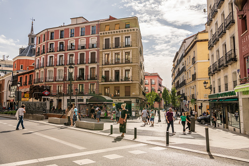 Madrid, Spain / October 12, 2019: Beautiful street scene in the famous Las Letras/Huertas neighborhood in central Madrid.