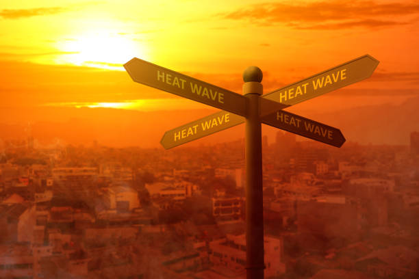 istock Signpost with a heatwave text direction on the city with the glowing sun background 1188307785