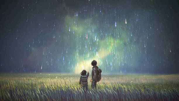 brother and sister looking at beautiful sky brother and sister in a meadow looking at meteors in the sky, digital art style, illustration painting meteor illustrations stock illustrations