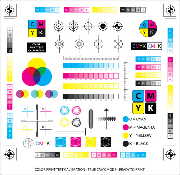 ilustraciones, imágenes clip art, dibujos animados e iconos de stock de esquema de mezcla de color o concepto de calibración de prueba de impresión a color. - imprenta